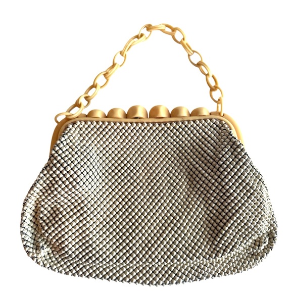 Whiting & Davis Metal Mesh Purse Celluloid KISS Lock Chain Strap Vintage 1940s